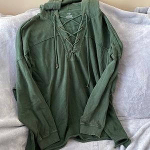 Aerie dark green distressed hoodie. Only worn once. Womens Large. $40